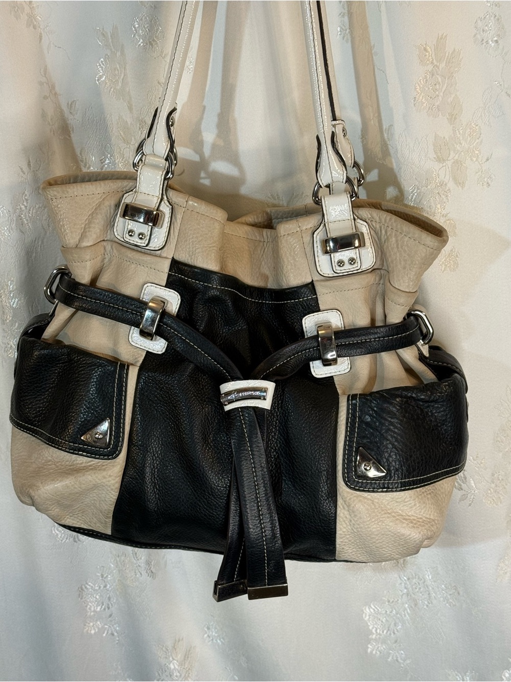Two-Tone Black, Cream and White Patent Leather Tote Bag